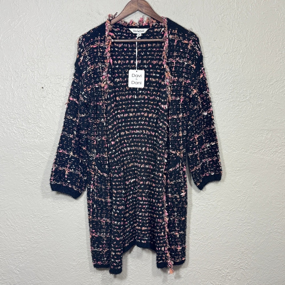 Davi & Dani Tweed‎ Cardigan S/M DWJ14124VIC Black Pink Fringe Open Front Sweater